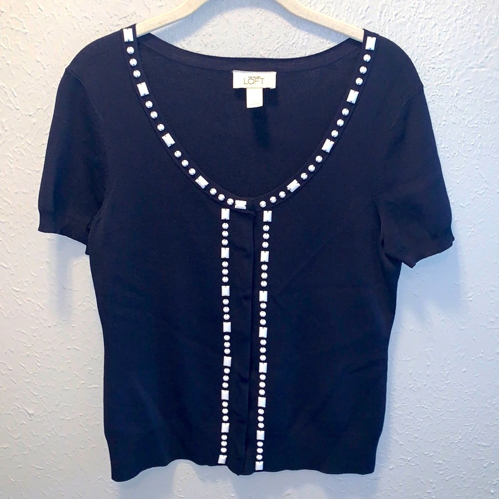Ann Taylor Loft Navy Blue Knit Top Cardigan w White Jewel Beads Women’s Sz Small